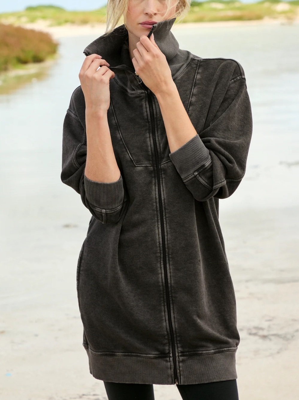Peruvian Connection Charcoal Black Zip-Front Oversized Sweater